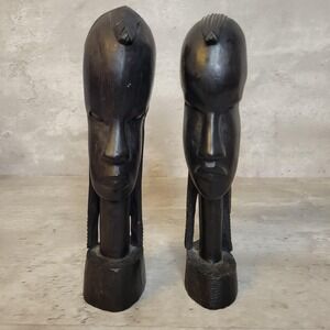 Vintage African Tribal Carved Wood Bust Sculpture Set Handcrafted Folk Art 11